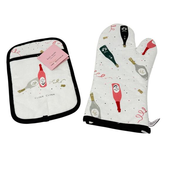 Kate Spade New York White Champagne Print Pot Holder And Oven Mitt 2 Pc Set - Picture 9 of 9